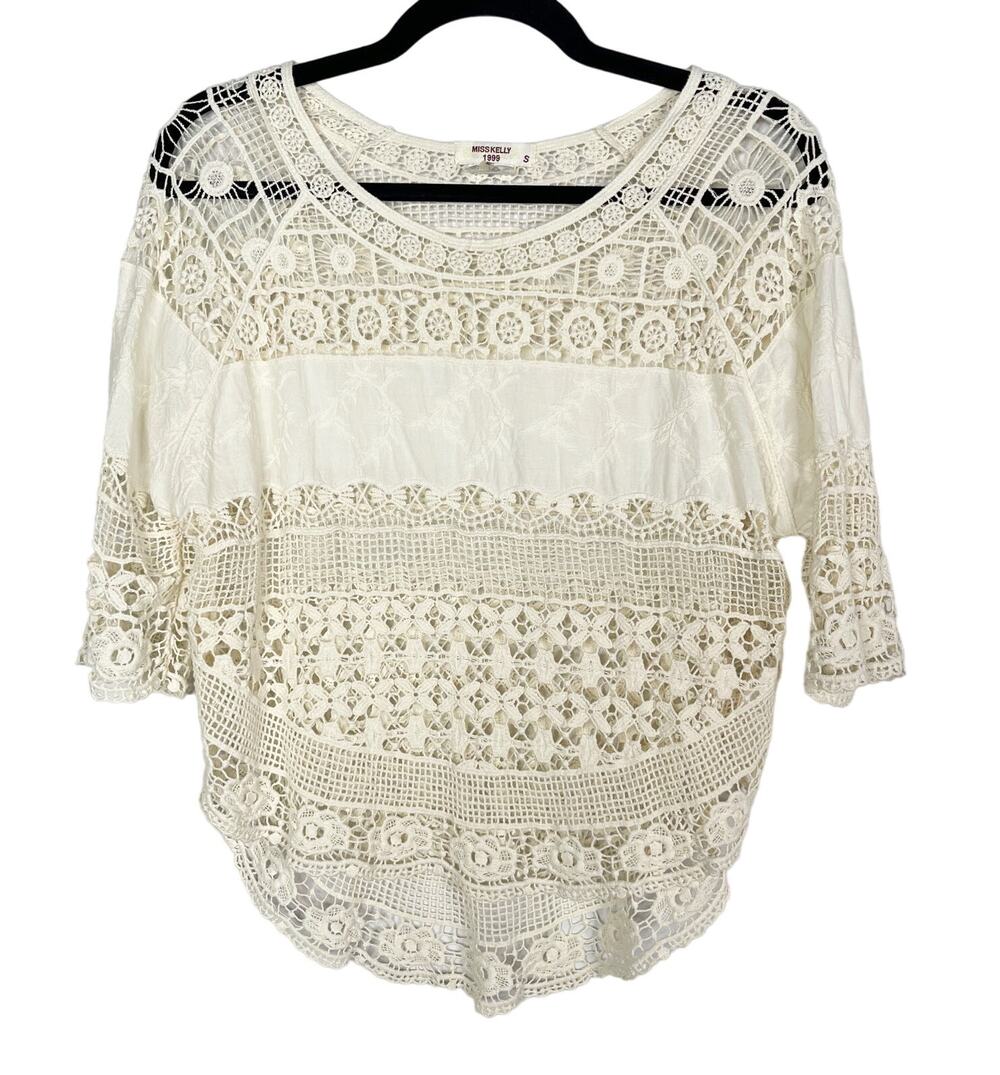 Miss Kelly 1999 Cream Small S Open Knit Crochet 3/4 Sleeve Top Knit Lace Sheer